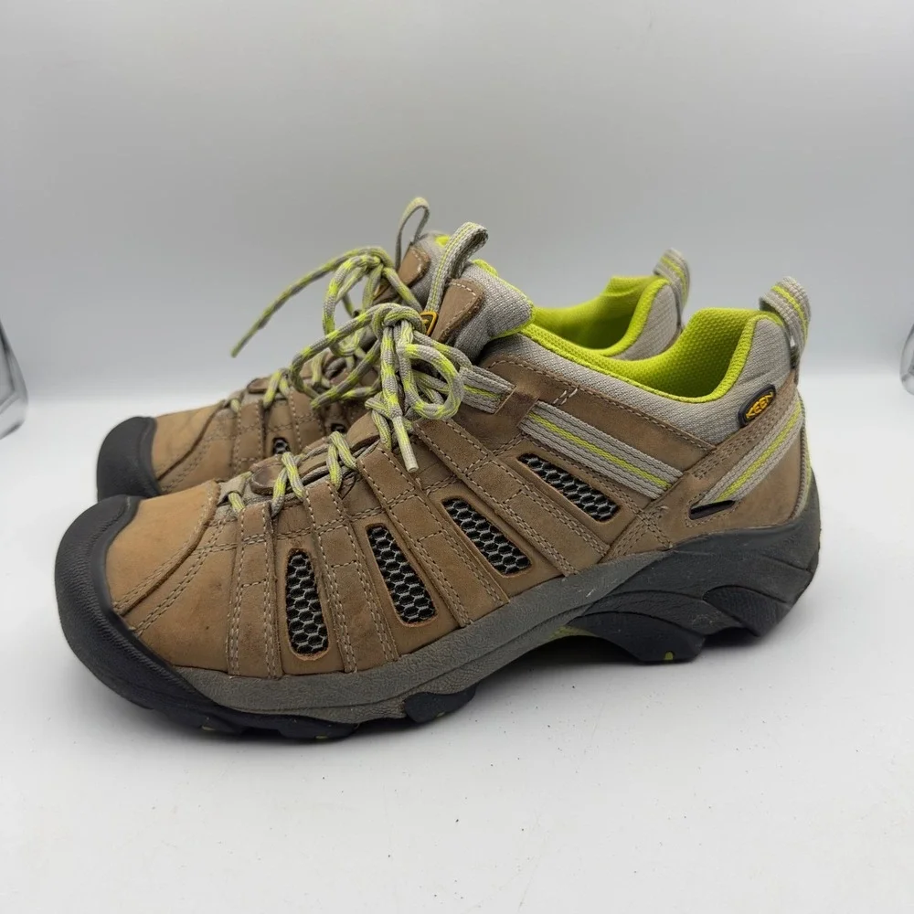 Keen Voyageur Hiking Shoes Brown Lime Green Leather Mesh Men 8 Women 9.5 EU 40.5